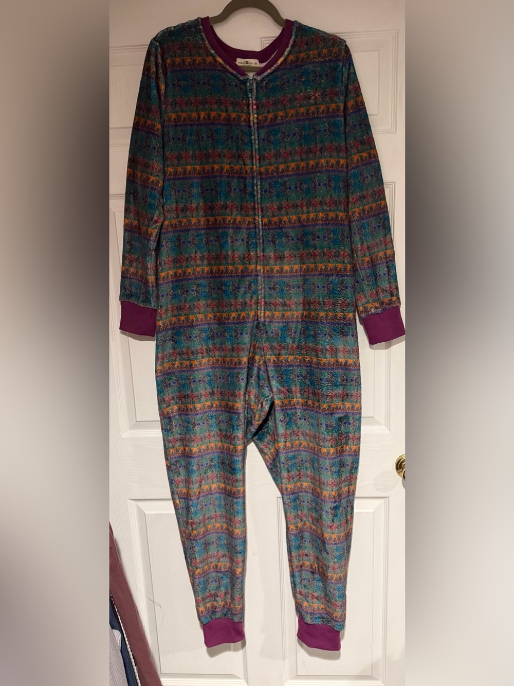 Women’s Cozy One-Piece Pajamas - Teal Pattern with Plum Trim
